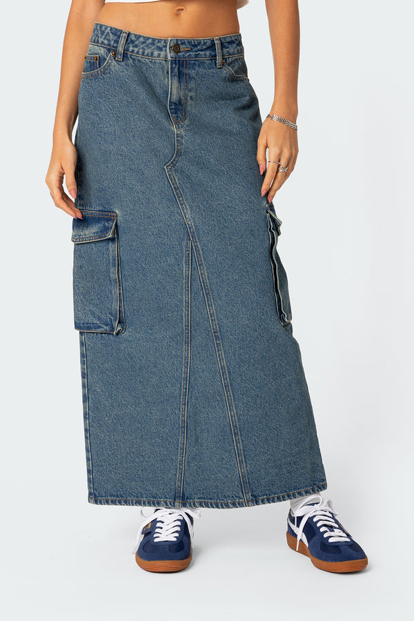 Slitted Cargo Denim Maxi Skirt