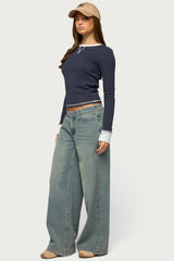 Rora Contrast Long Sleeve Waffle Top