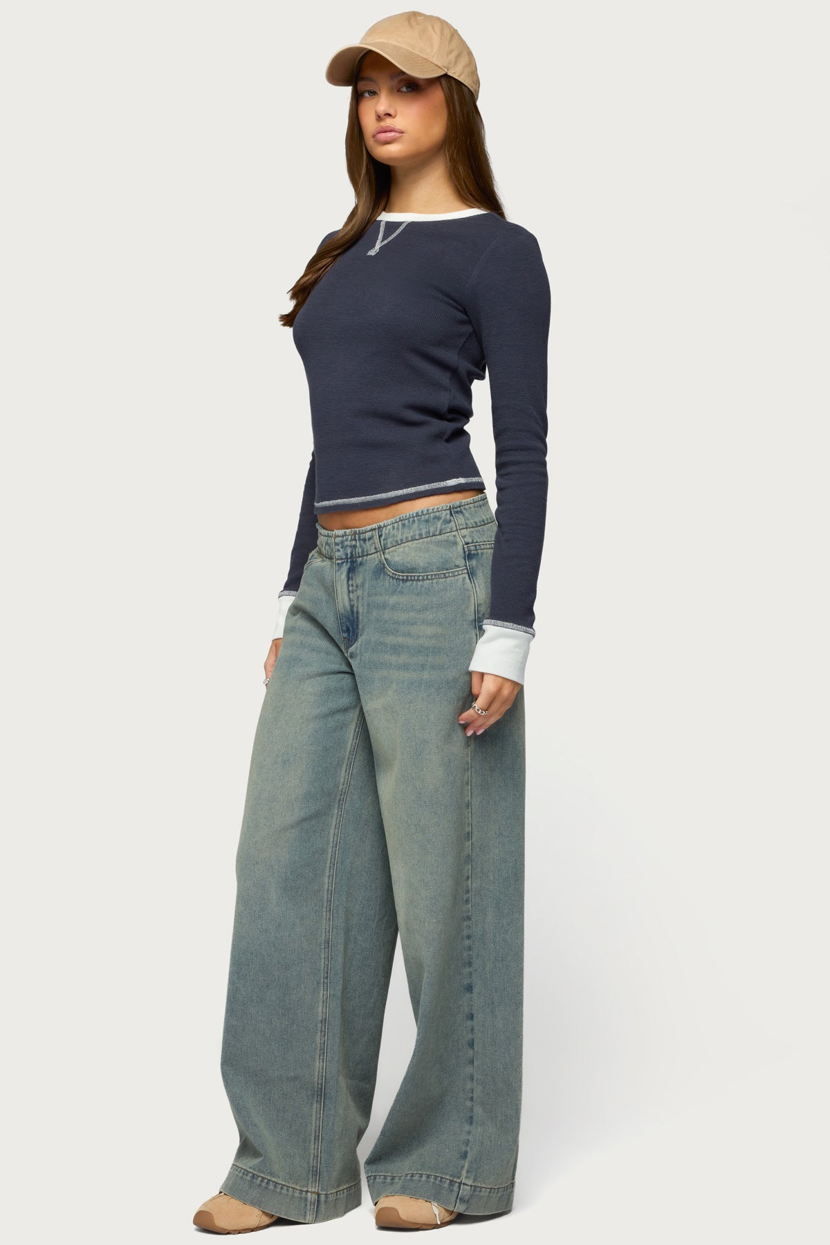 Rora Contrast Long Sleeve Waffle Top