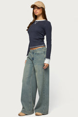 Rora Contrast Long Sleeve Waffle Top