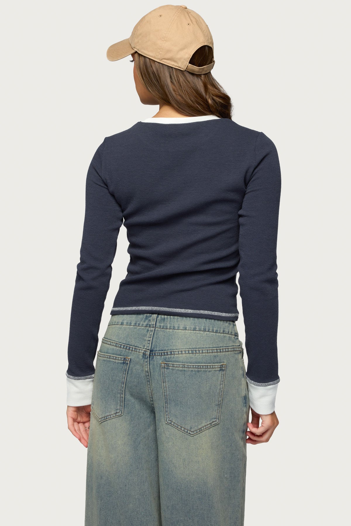 Rora Contrast Long Sleeve Waffle Top