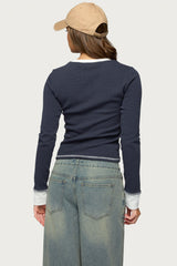 Rora Contrast Long Sleeve Waffle Top
