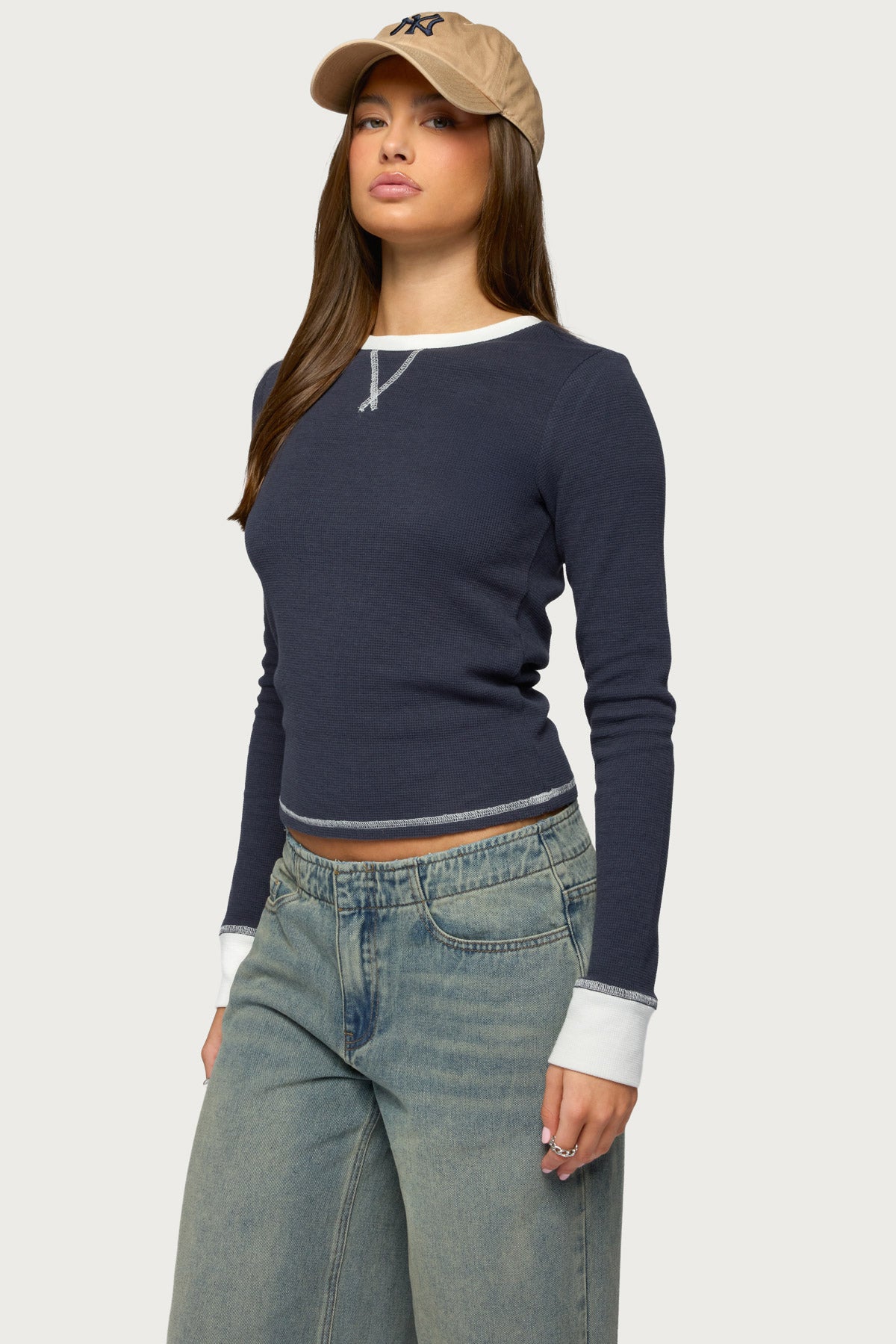Rora Contrast Long Sleeve Waffle Top