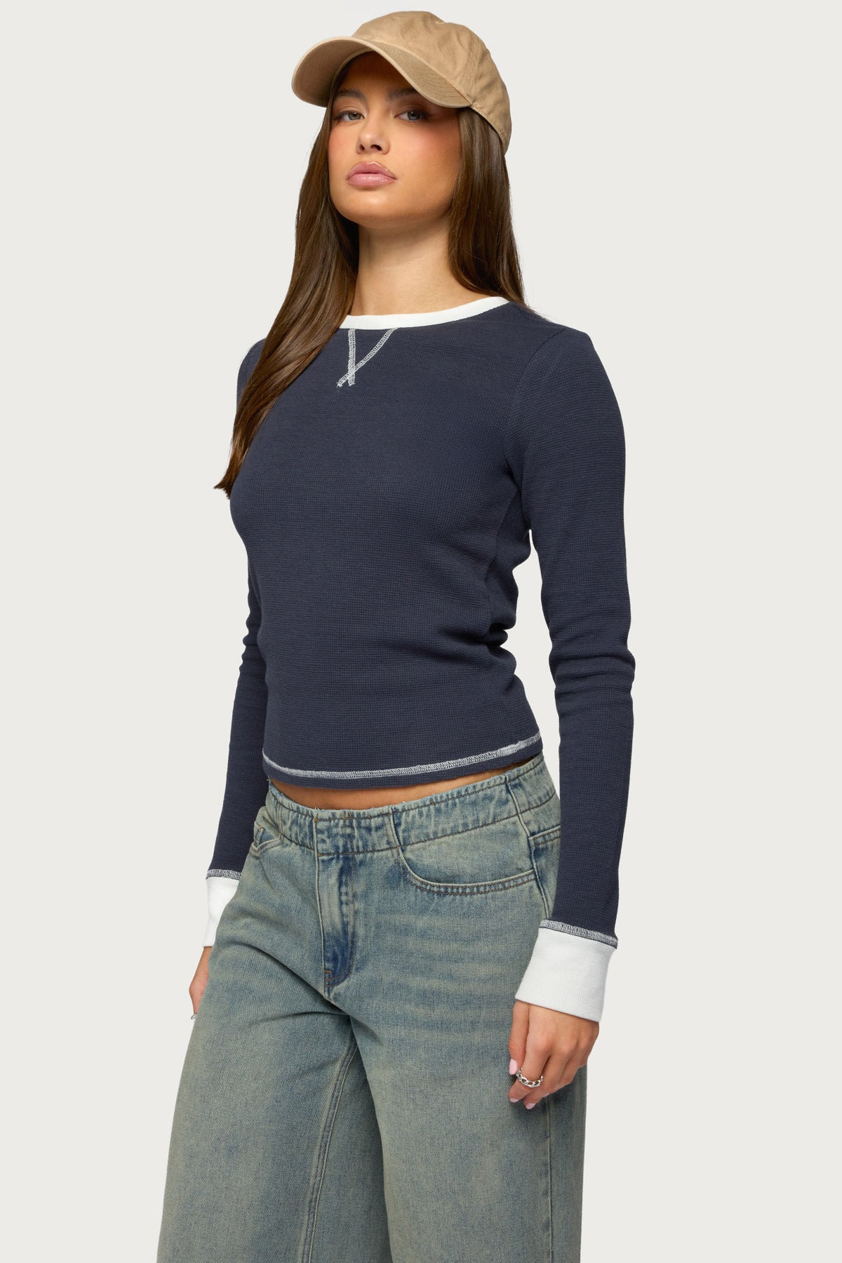 Rora Contrast Long Sleeve Waffle Top
