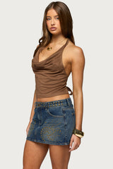 Adeline Faux Suede Cowl Neck Halter Top