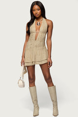 Shredded Backless Halter Mini Dress