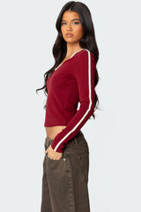 Contrast V Neck Long Sleeve T Shirt