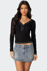 Yael Contrast Stitch Henley Top