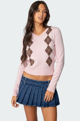 Argyle V Neck Knit Sweater