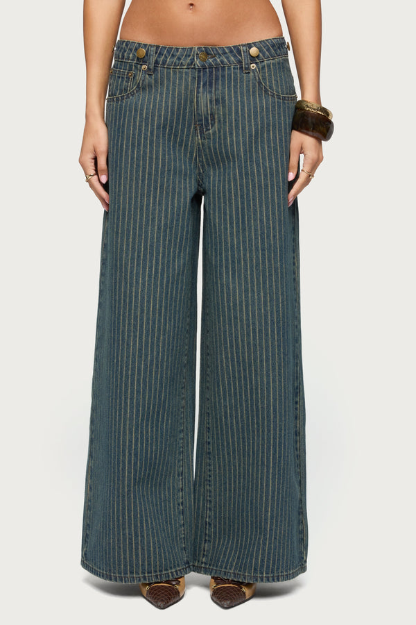 Button Pinstripe Low Rise Baggy Jeans