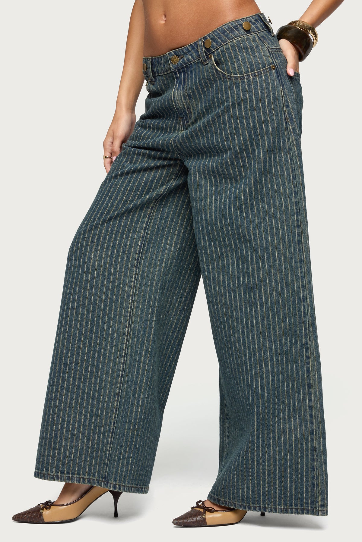 Button Pinstripe Low Rise Baggy Jeans