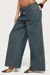 Button Pinstripe Low Rise Baggy Jeans