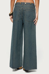 Button Pinstripe Low Rise Baggy Jeans