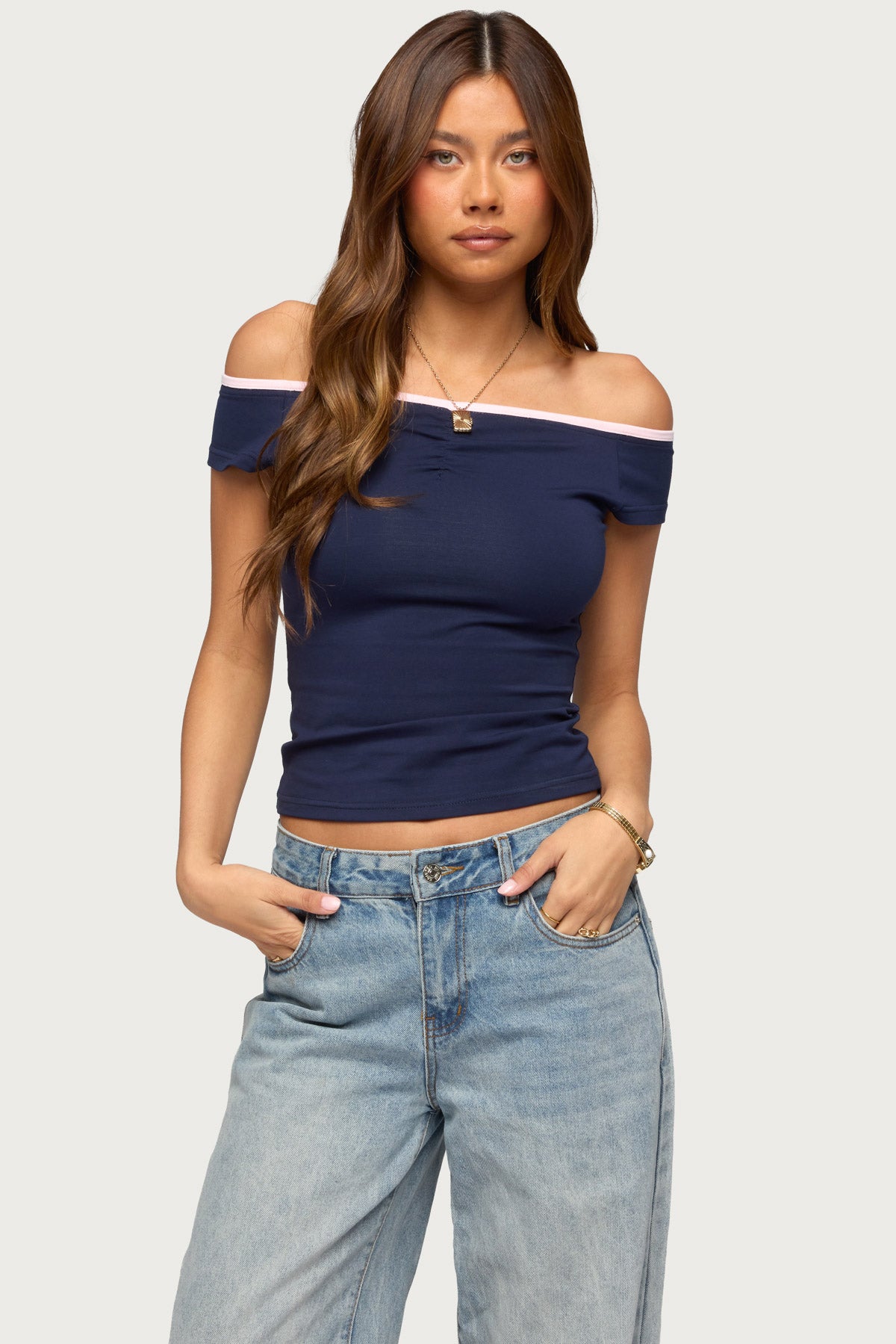 Dellah Contrast Off Shoulder Top