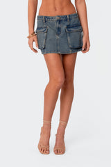 Washed Denim Cargo Mini Skirt