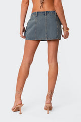 Washed Denim Cargo Mini Skirt