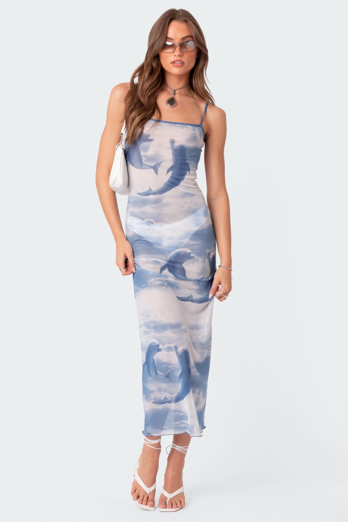 Dolphin Printed Sheer Mesh Maxi Dress