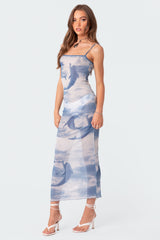 Dolphin Printed Sheer Mesh Maxi Dress