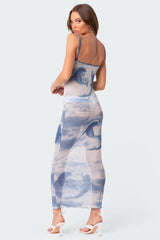 Dolphin Printed Sheer Mesh Maxi Dress