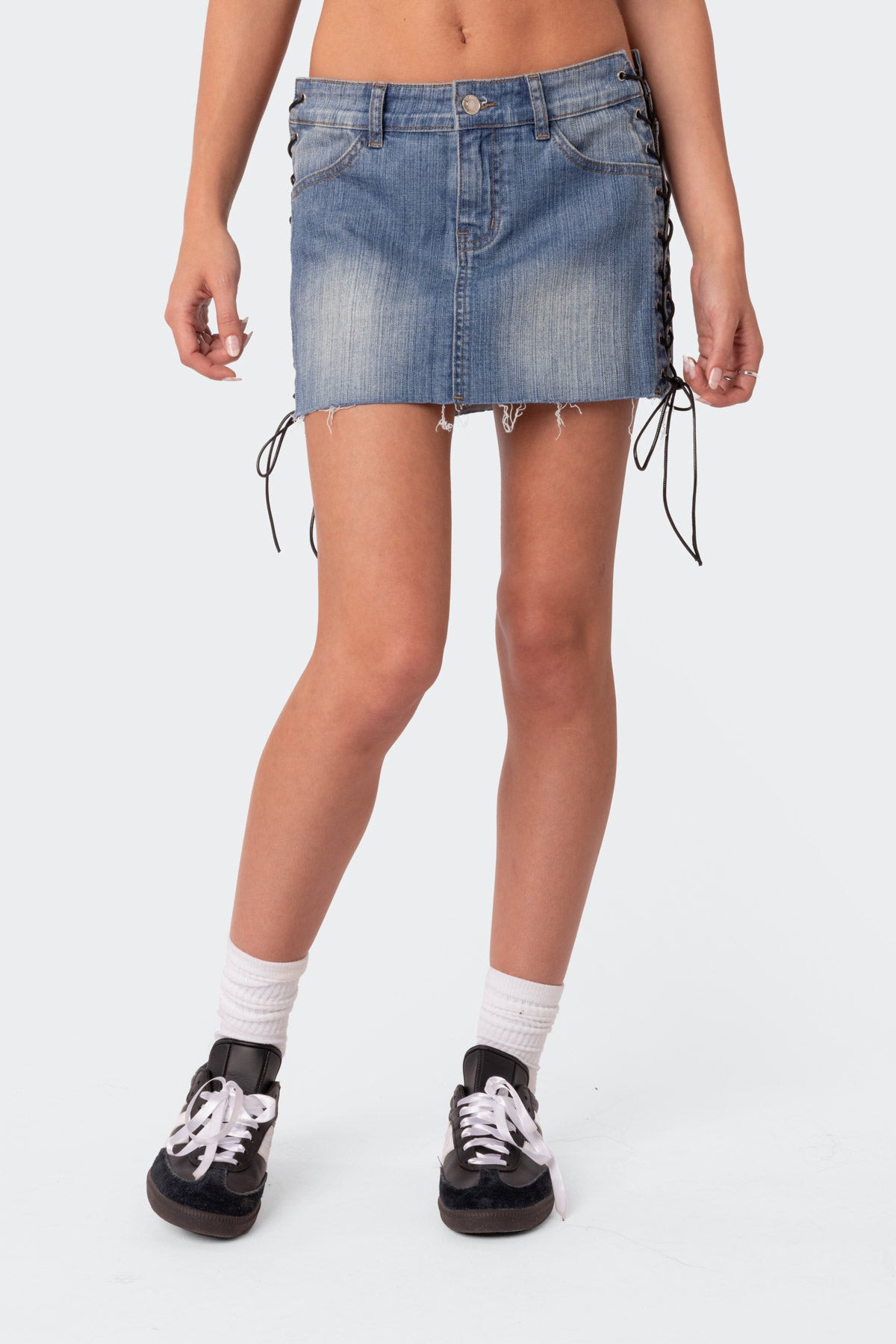 Side Lace Up Denim Mini Skirt