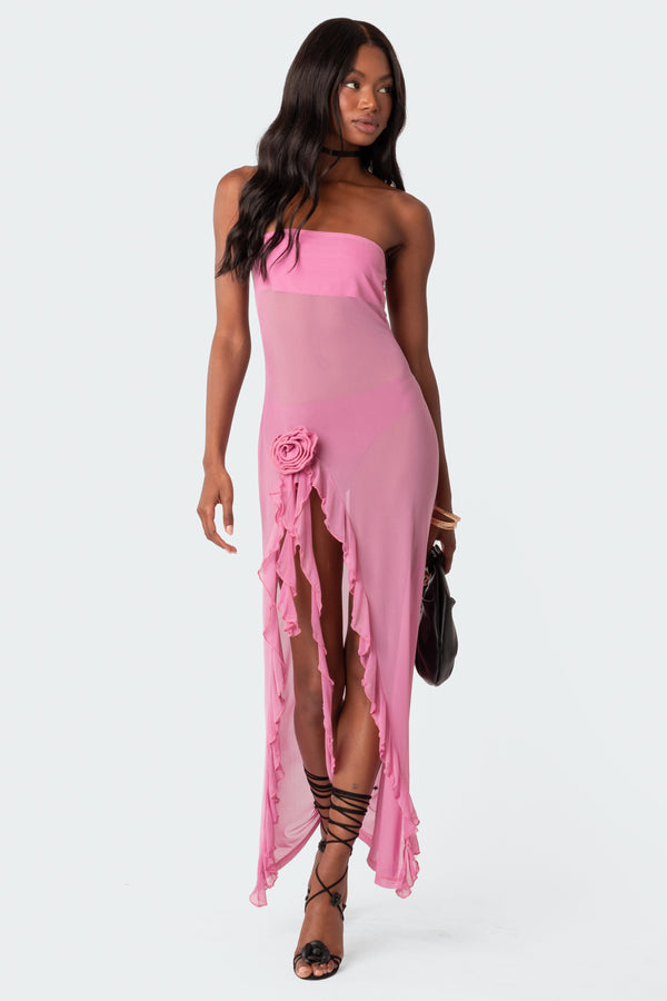 Suri Sheer Mesh Flower Pin Maxi Dress