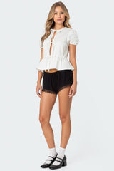 Puffed Sleeve Tie Front Top