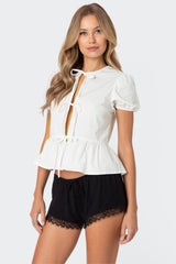 Puffed Sleeve Tie Front Top