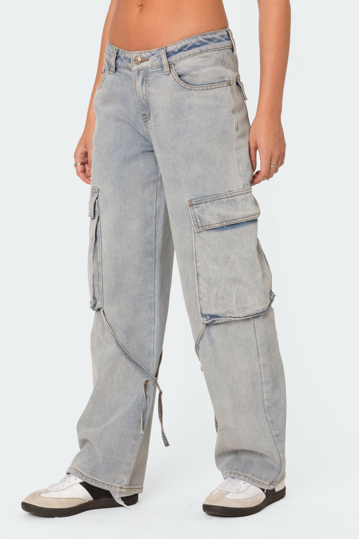 Via Low Rise Washed Denim Cargo Pants