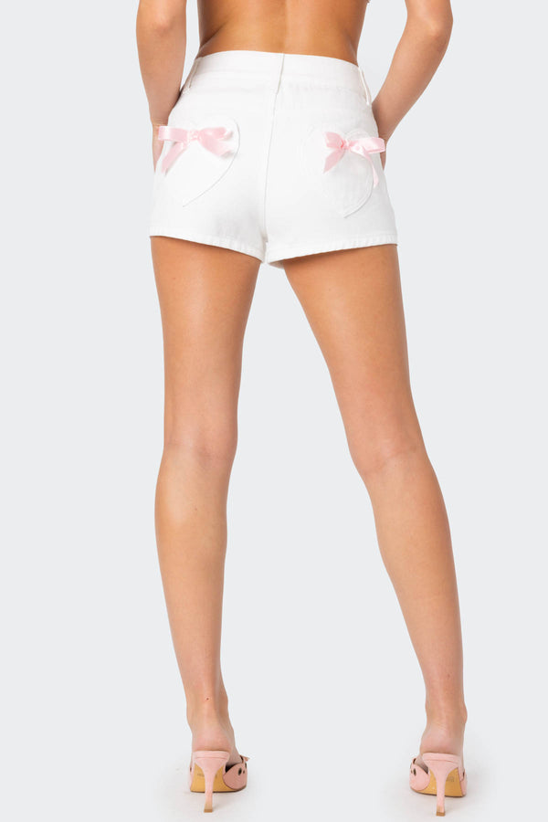 Bow Pocket Washed Denim Shorts