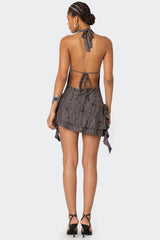 Shredded Backless Halter Mini Dress