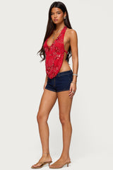 Beaded Chiffon Backless Cowl Neck Top