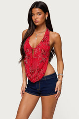 Beaded Chiffon Backless Cowl Neck Top