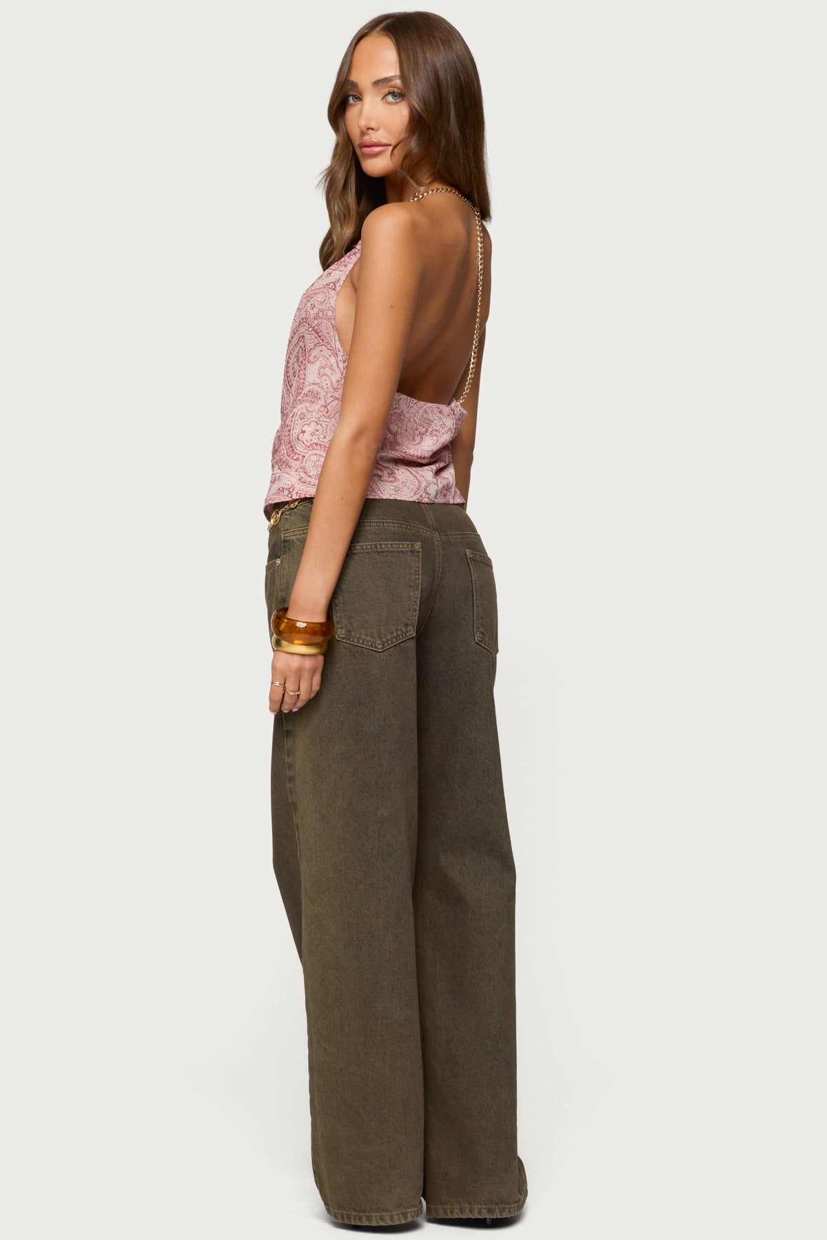 Printed Halter Chain Cowl Neck Top