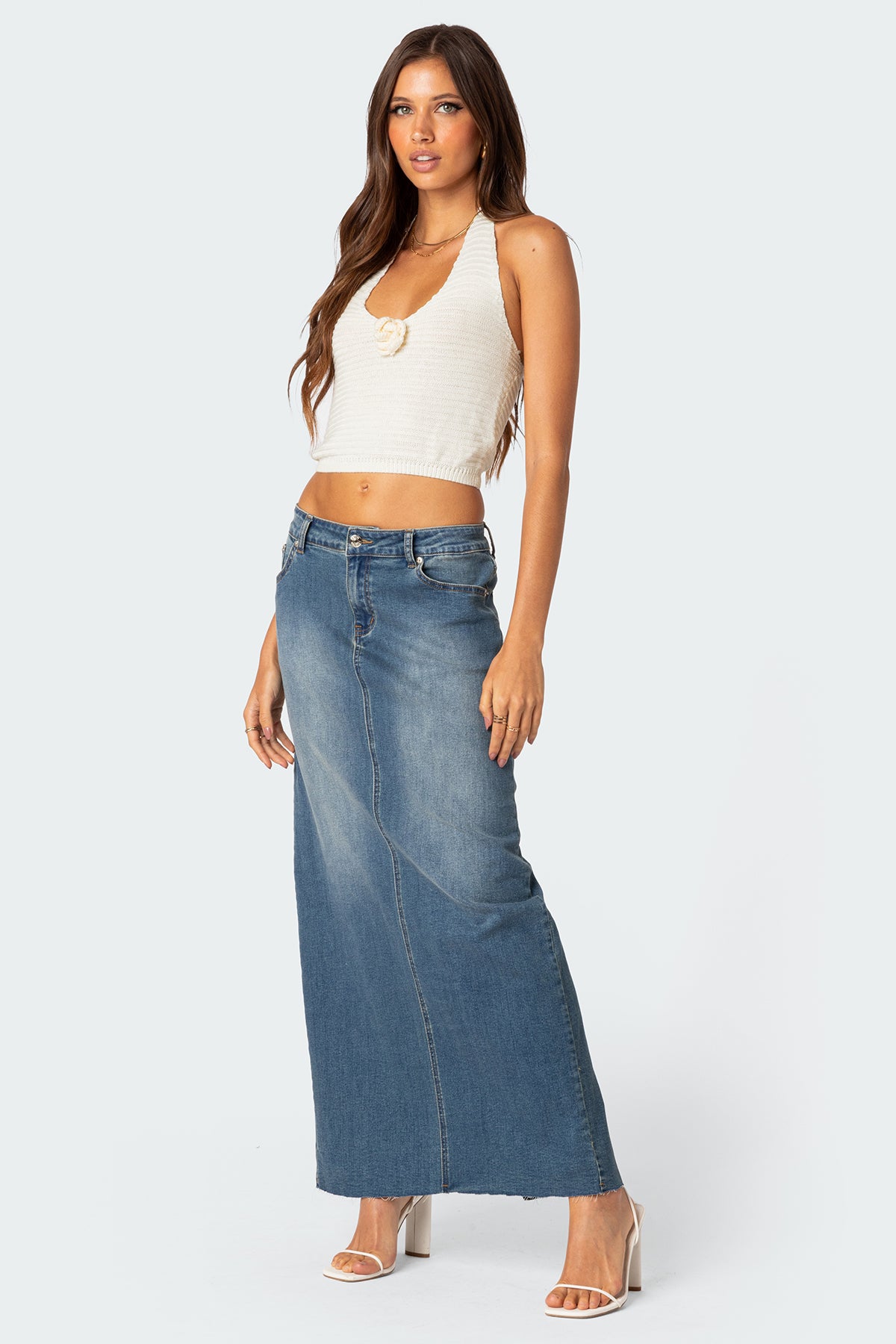 Elowyn Slitted Denim Maxi Skirt