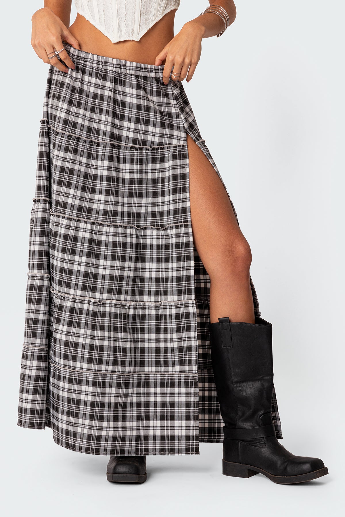 Plaid Side Slit Tiered Maxi Skirt