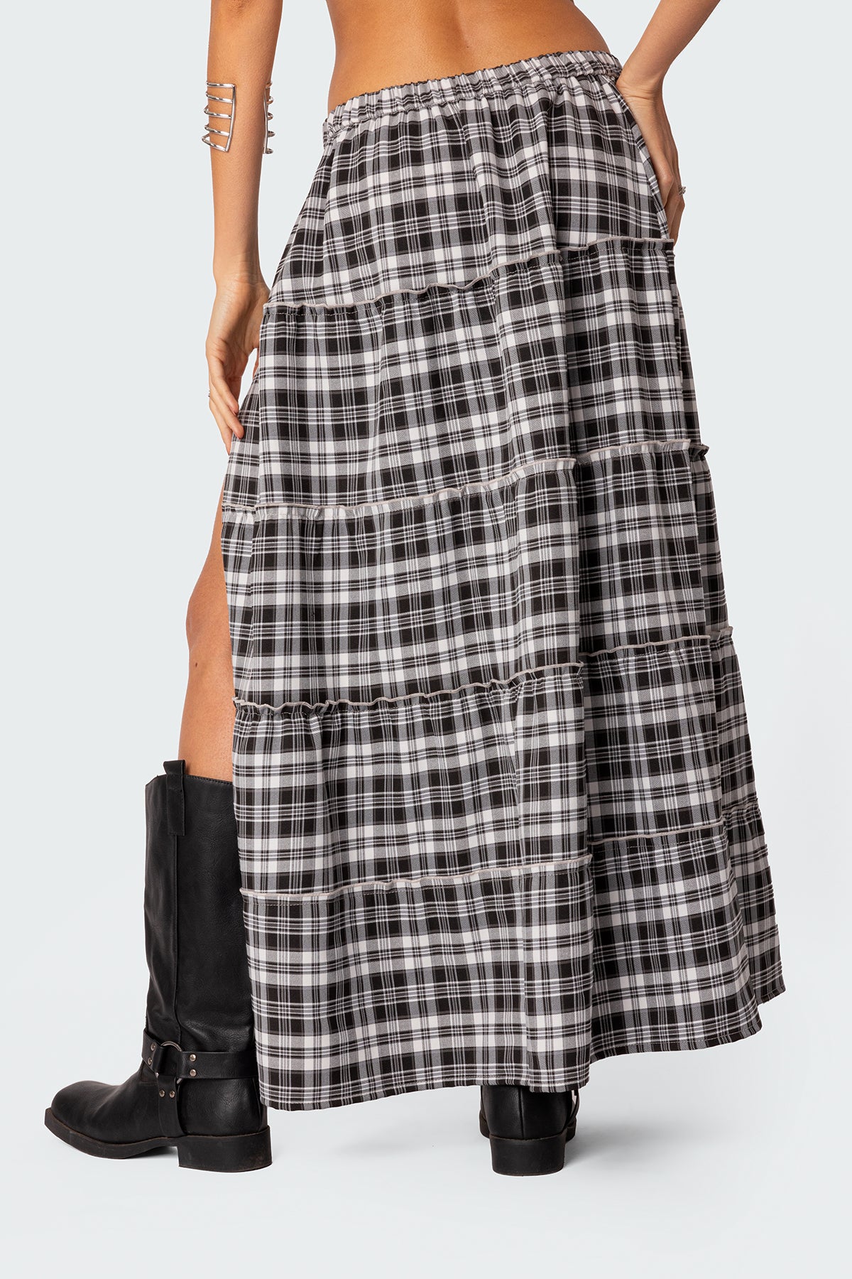 Plaid Side Slit Tiered Maxi Skirt