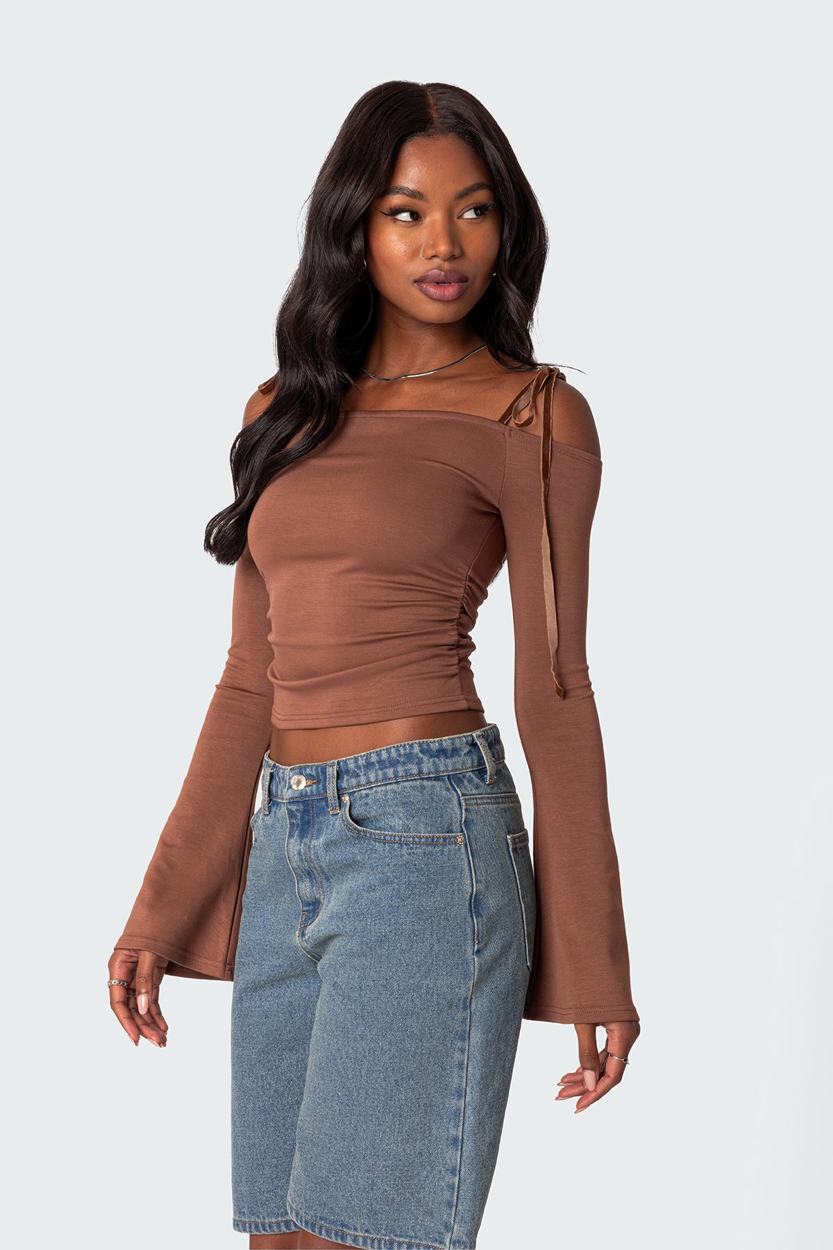 Velvet Tie Off Shoulder Top