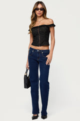 Jordana Ruffle Eyelet Off Shoulder Top