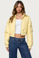 Zayna Cropped Faux Leather Bomber Jacket