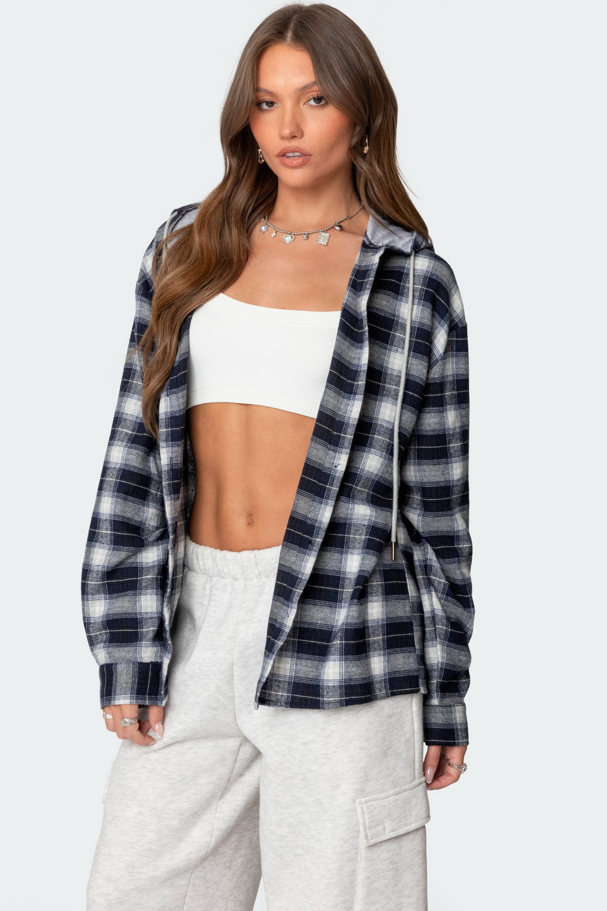 Plaid Hooded Button Up Shirt