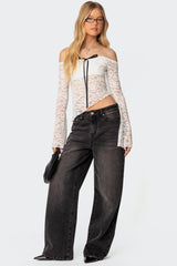 Asymmetric Sheer Lace Off Shoulder Top