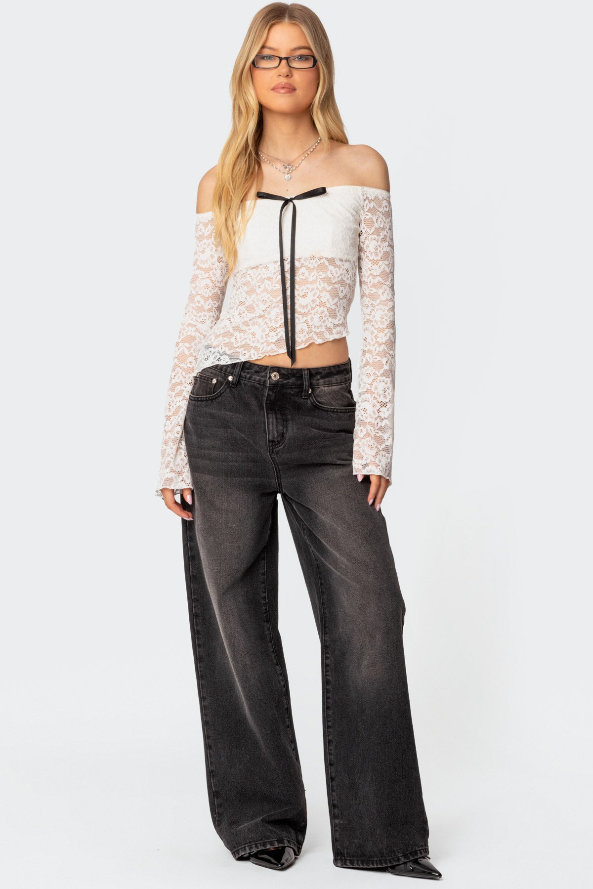 Asymmetric Sheer Lace Off Shoulder Top