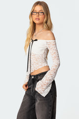 Asymmetric Sheer Lace Off Shoulder Top