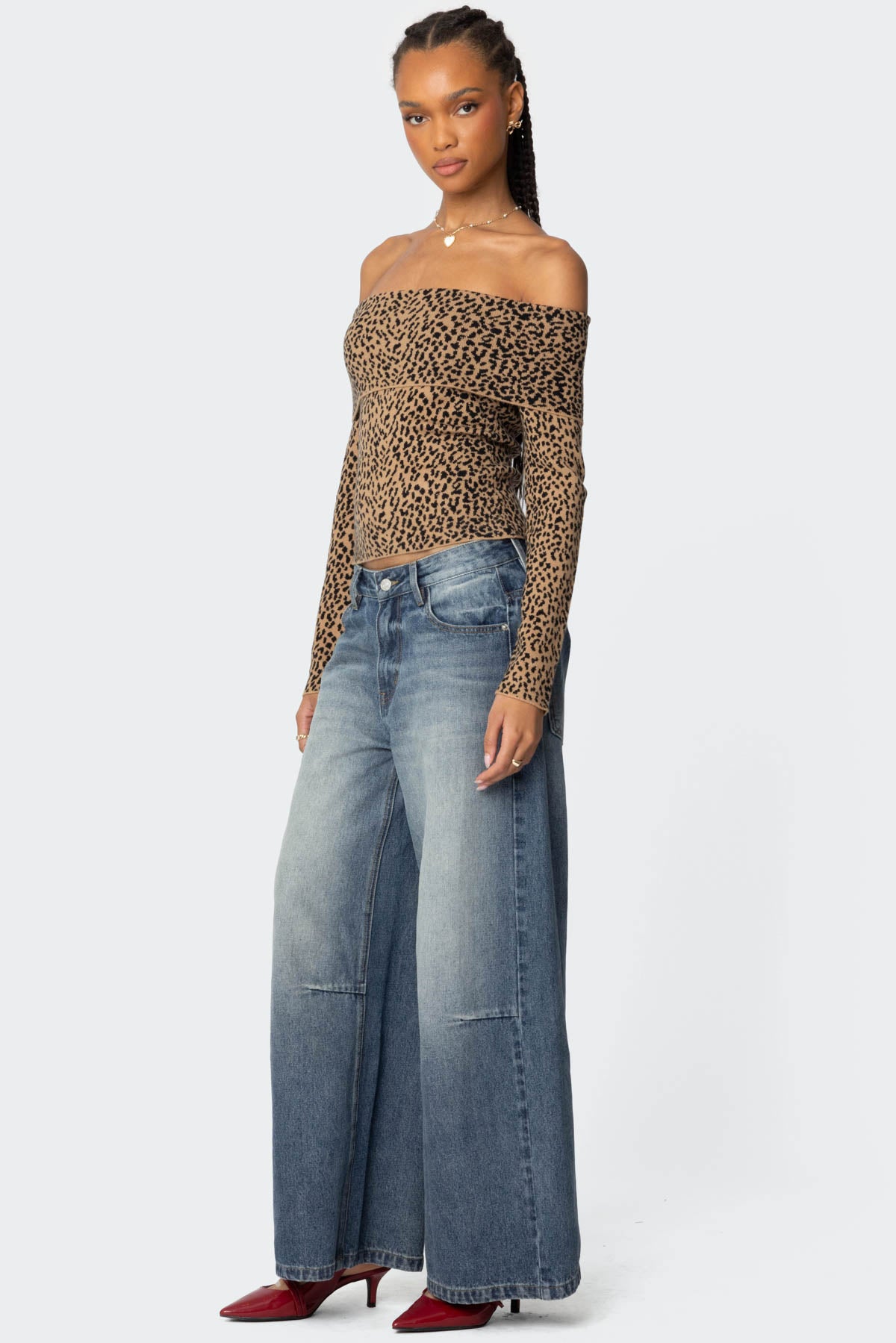 Leopard Printed Fold Over Knit Top