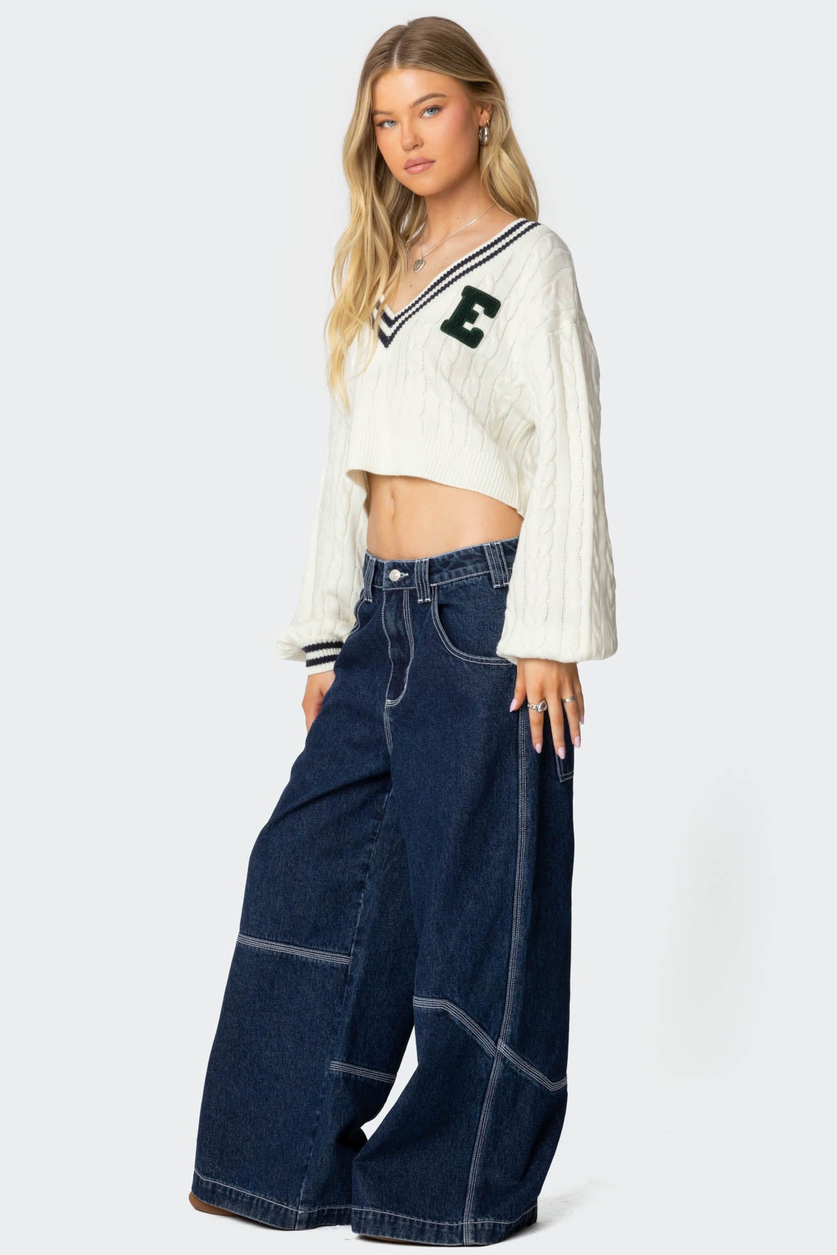 Collegiate Cropped Cable Knit Sweater