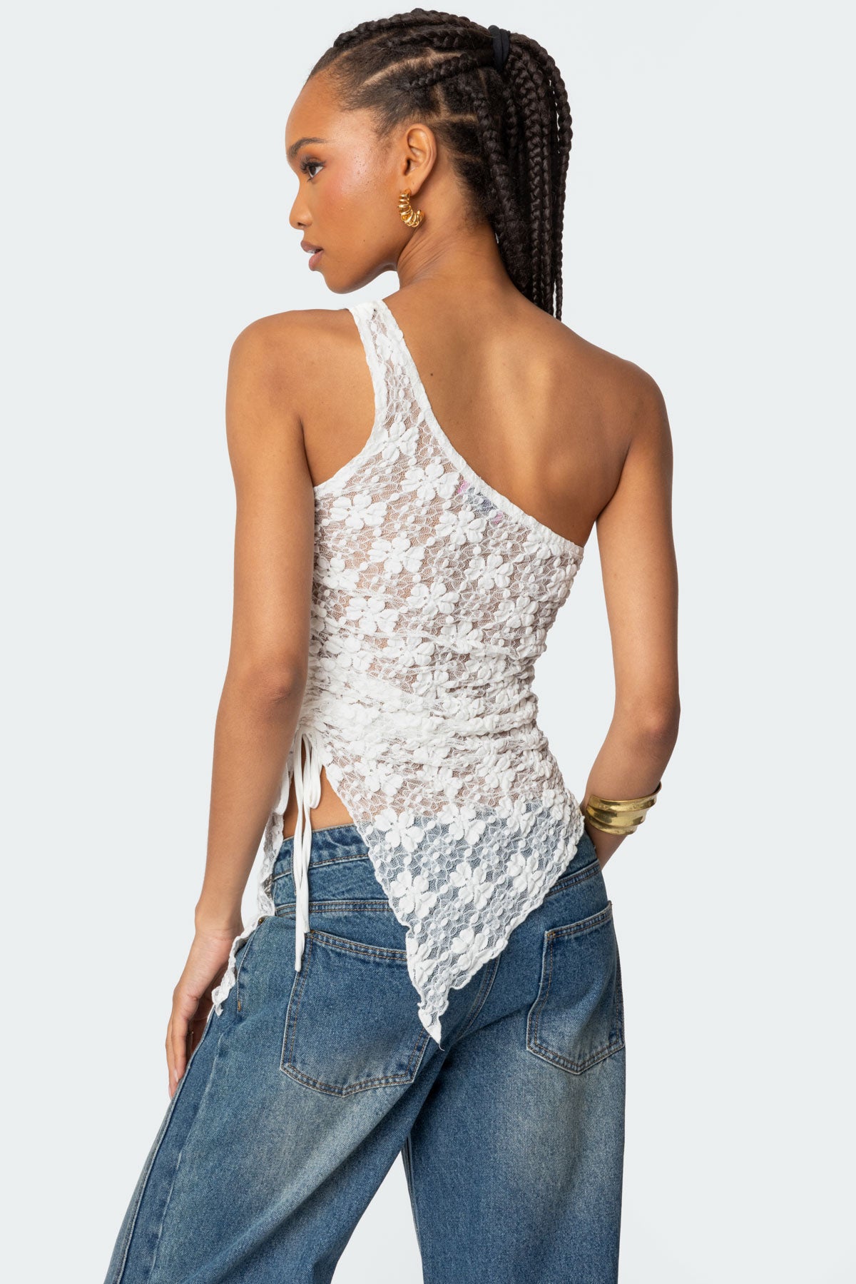 Lacey Sheer Asymmetric Drawstring Top