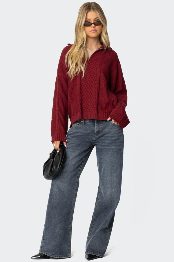 Oversized Quarter Zip Cable Knit Sweater