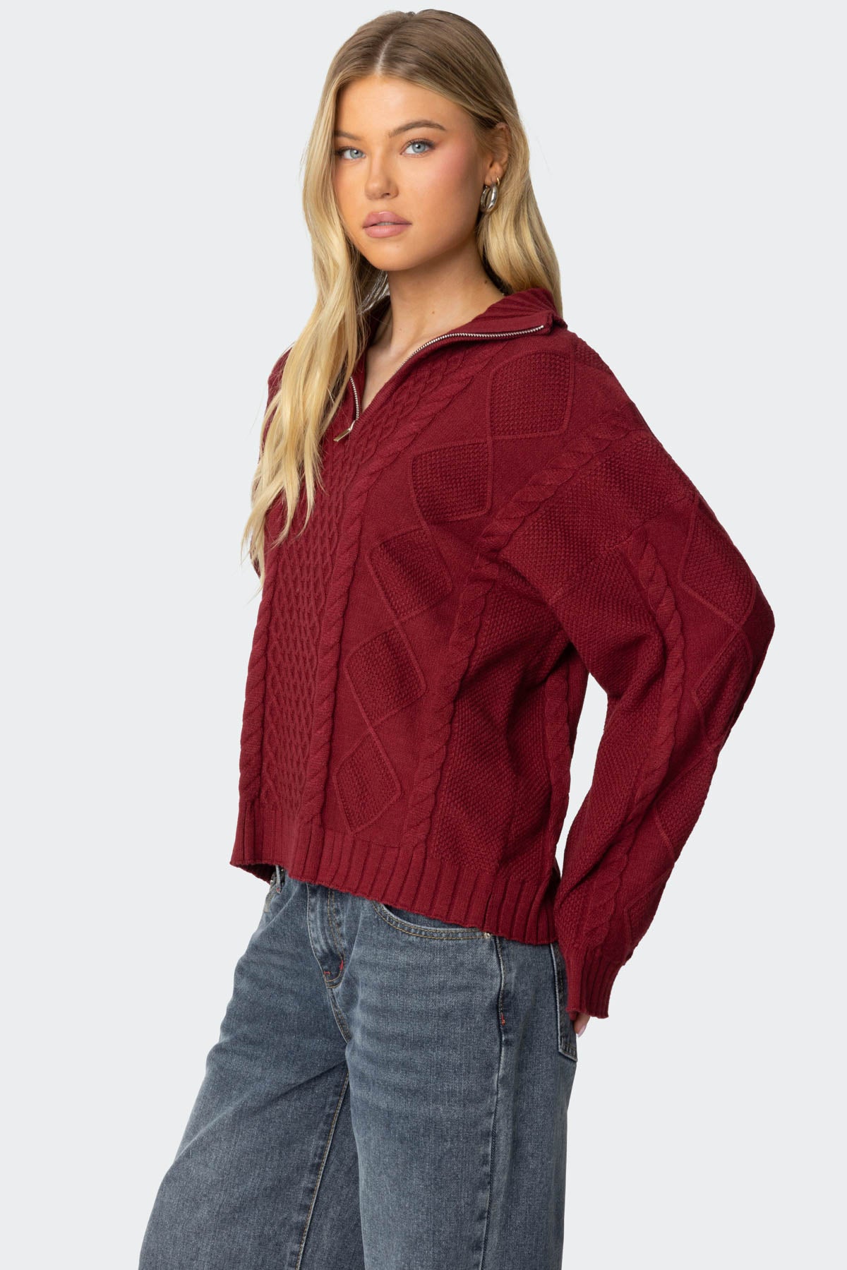 Oversized Quarter Zip Cable Knit Sweater