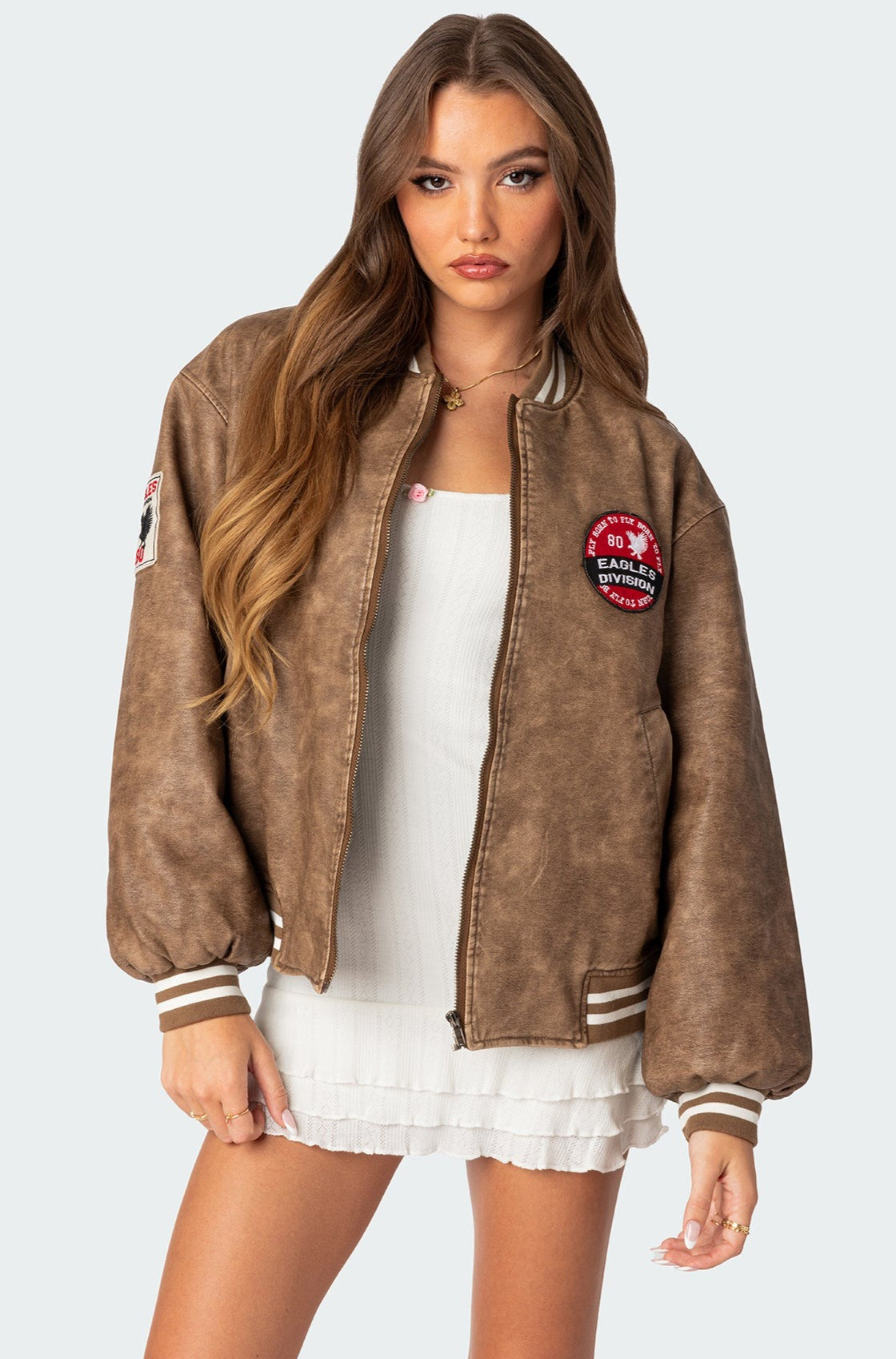 Washed Faux Leather Bomber Jacket