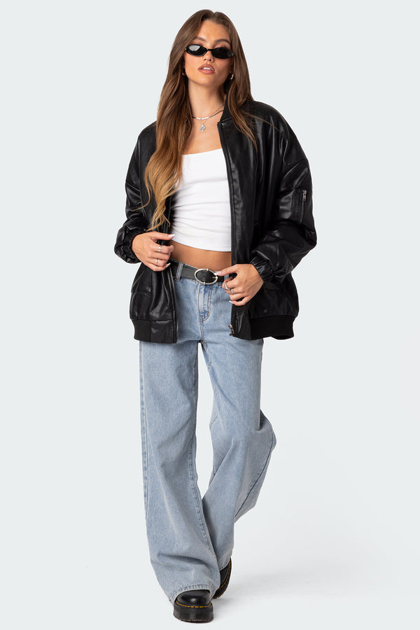 Faux Leather Oversized Bomber Jacket